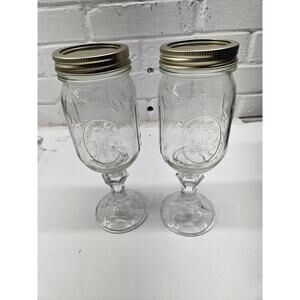 Ball Mason Jar Wine Glass Goblets with Stem & Lids PAIR Footed Country Drinkware